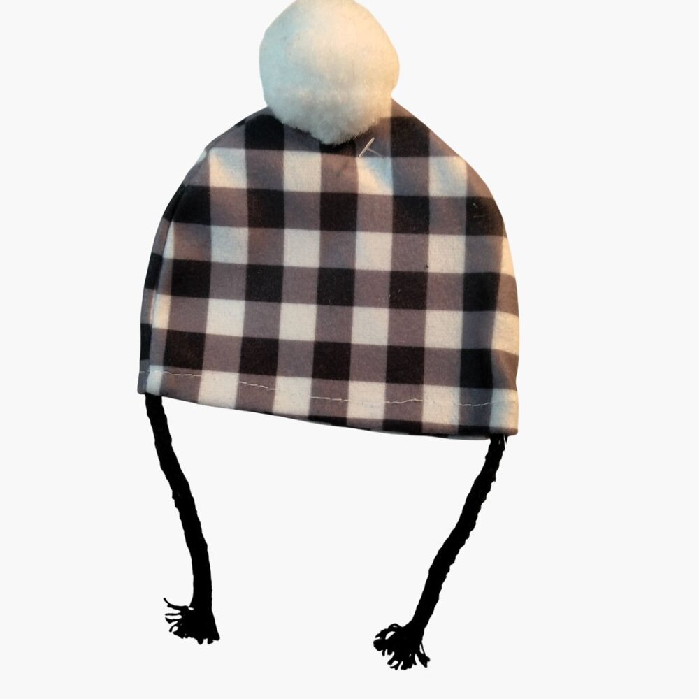Uncle Buck Hat Ornament Tartan Plaid Black White Pom Pom Braided Tassels Cabin